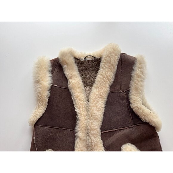Girls' Brown 100% Suede Leather Genuine Shearling Trim Vest - Picture 2 of 10
